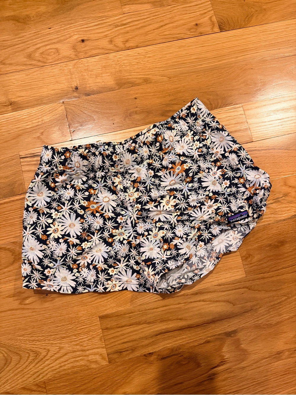 Patagonia Women’s Navy Floral Daisy Athletic Shorts with White & Yellow Flowers